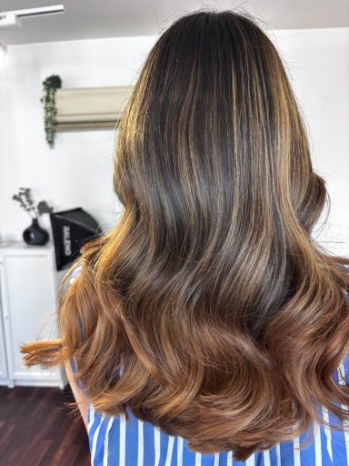 Brunette balayage, brunette hair colour, Ribbons of caramel running through a dark brown base